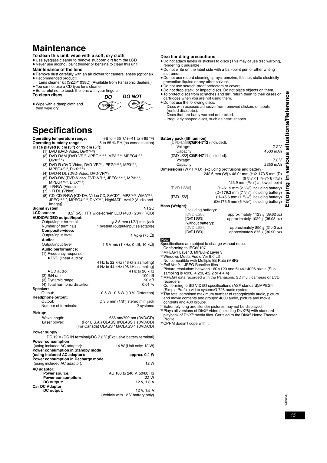 Panasonic DVD-LS83, DVD-LS86 operating instructions Maintenance, Specifications, Enjoying in various situations/Reference 