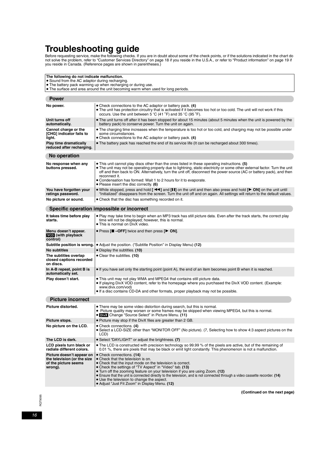 Panasonic DVD-LS86, DVD-LS83 Troubleshooting guide, Power, No operation, Specific operation impossible or incorrect 