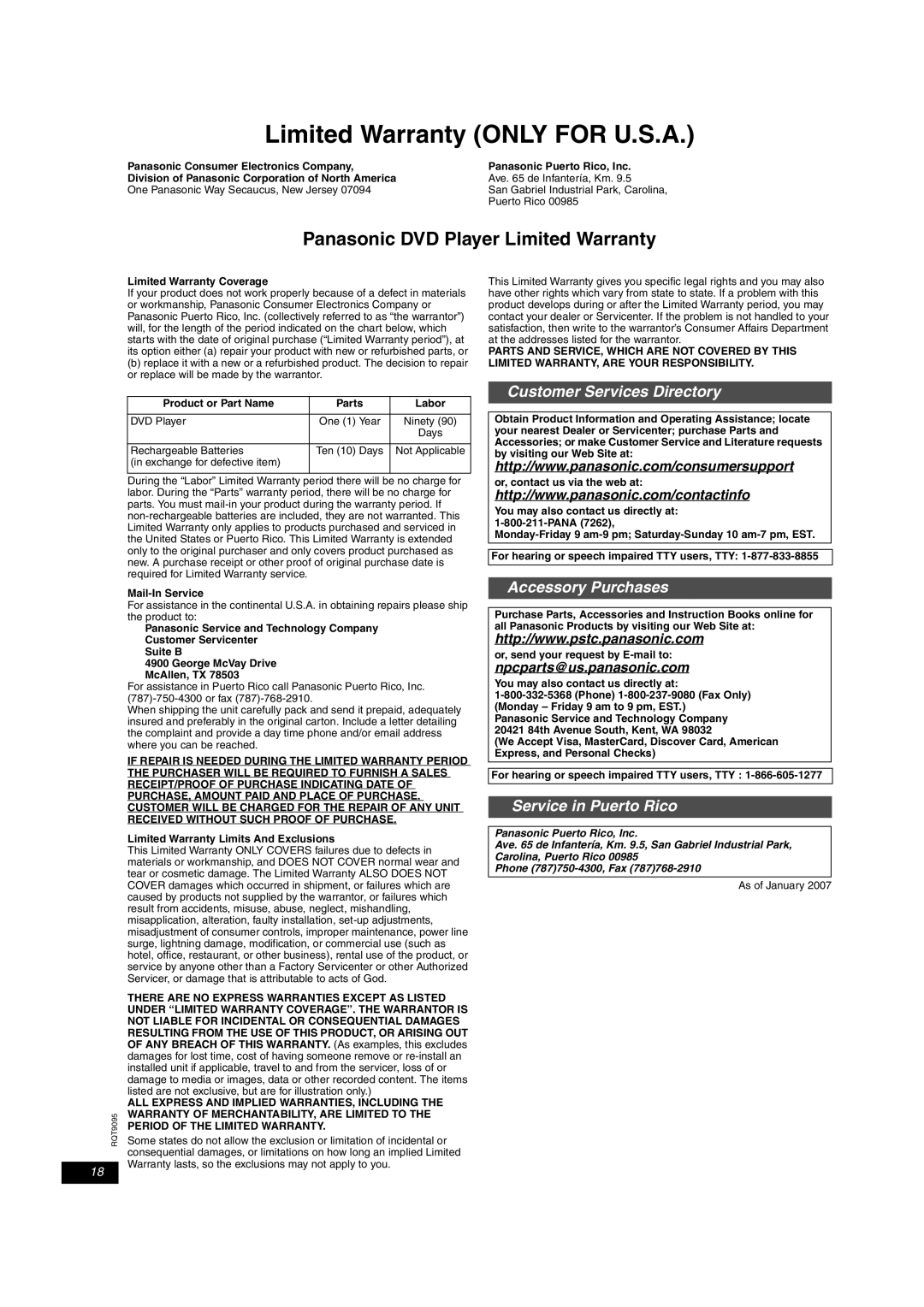 Panasonic DVD-LS86, DVD-LS83 operating instructions Limited Warranty only for U.S.A, Npcparts@us.panasonic.com 