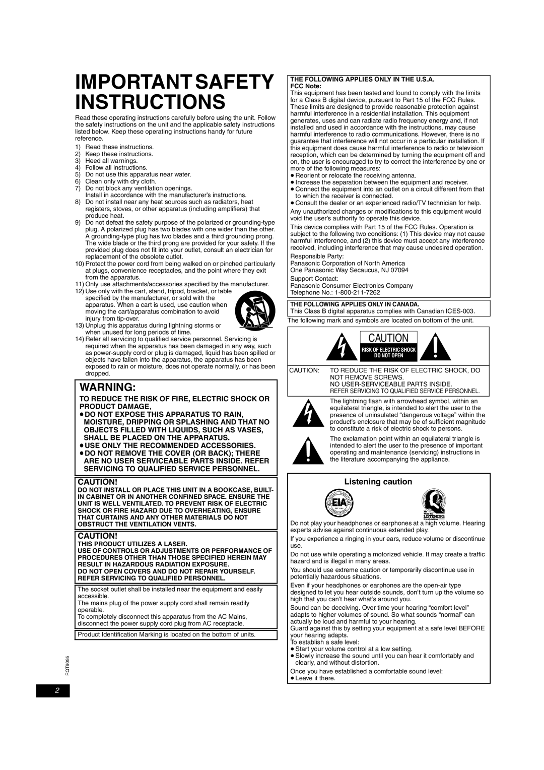 Panasonic DVD-LS86 Listening caution, Following Applies only in the U.S.A, FCC Note, Following Applies only in Canada 