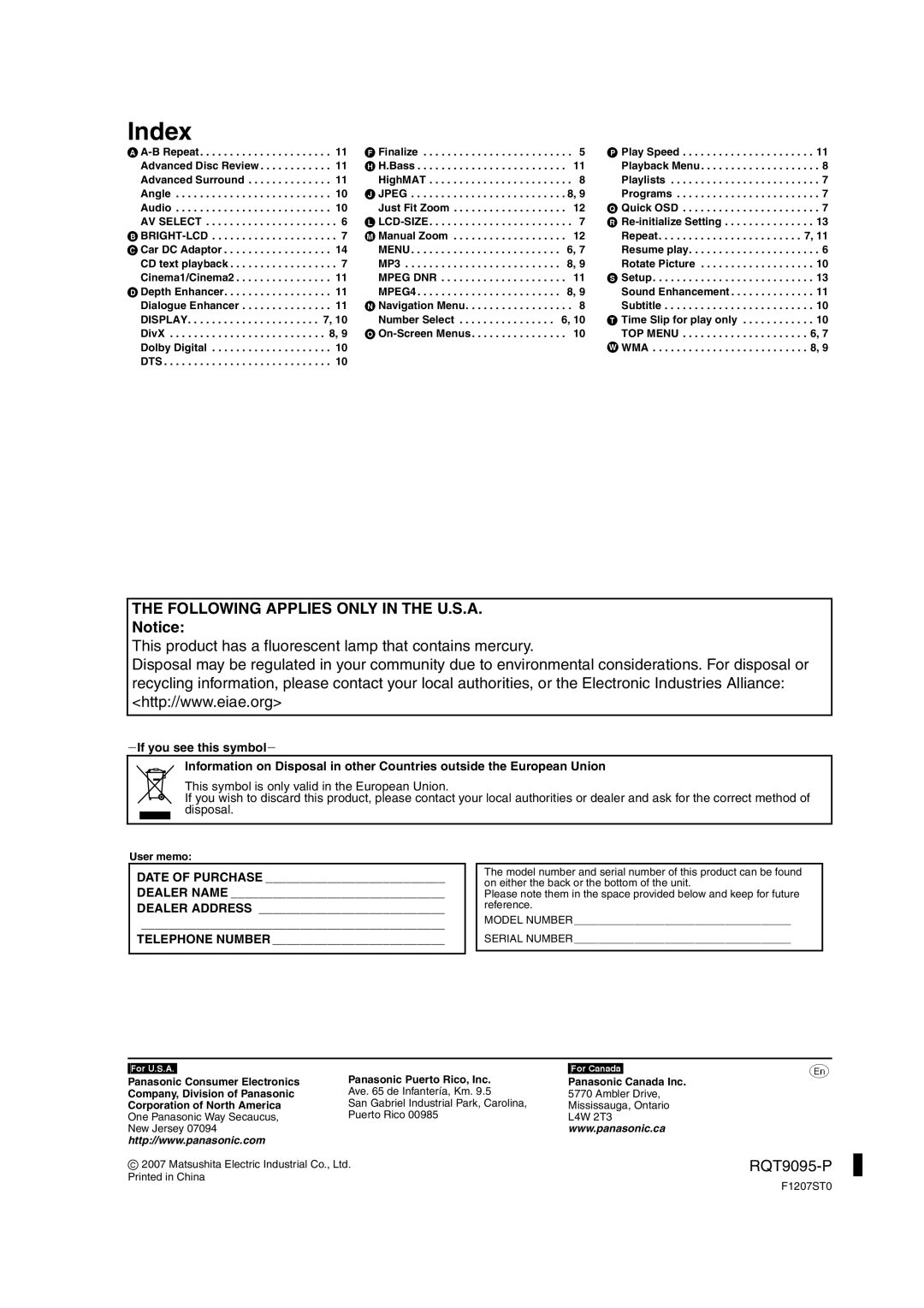 Panasonic DVD-LS86, DVD-LS83 operating instructions Index, AV Select, MP3, TOP Menu 