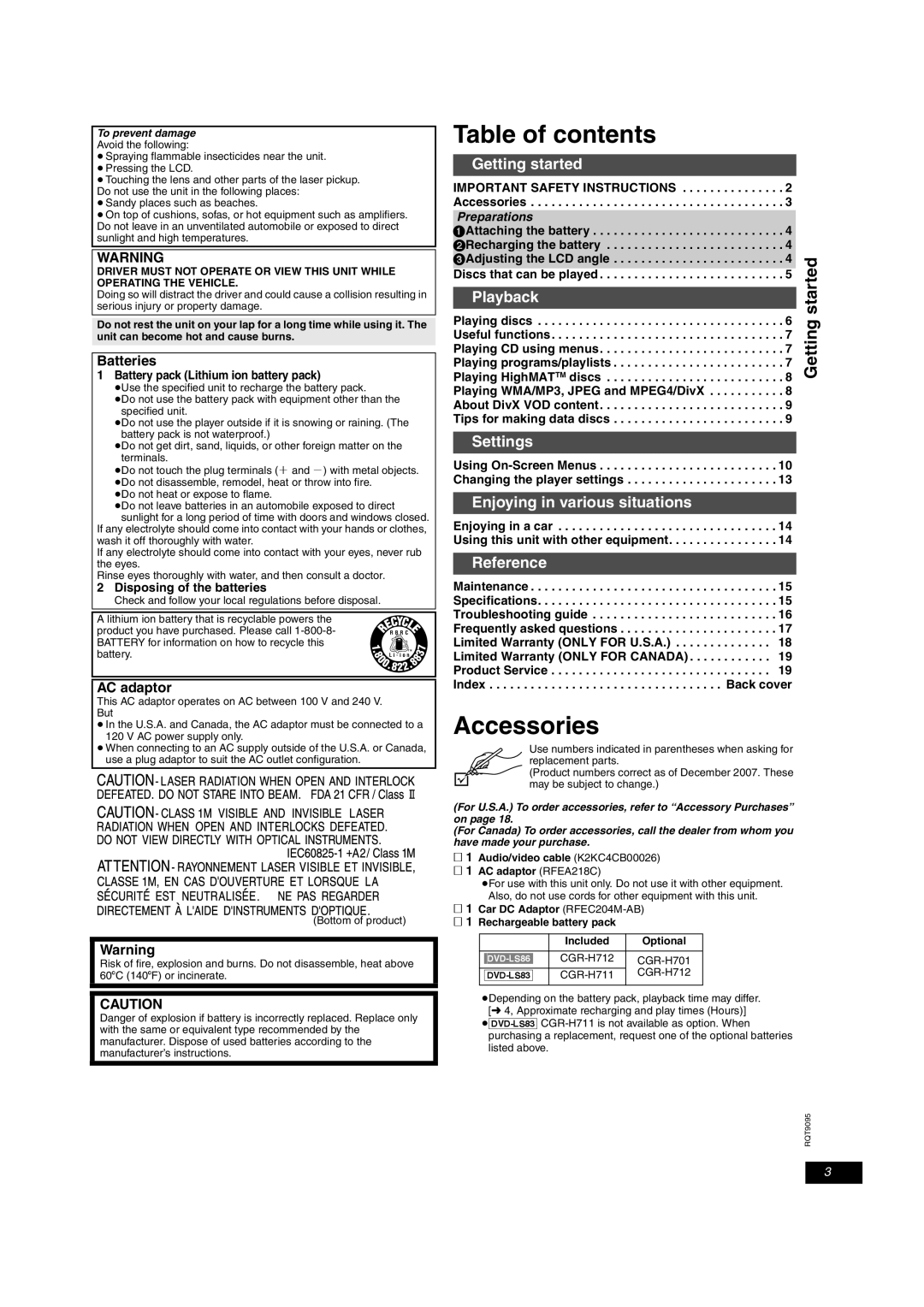 Panasonic DVD-LS83, DVD-LS86 operating instructions Table of contents, Accessories 