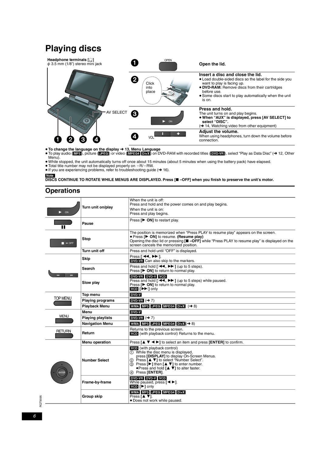 Panasonic DVD-LS86 Playing discs, Insert a disc and close the lid, Press and hold, Adjust the volume, Open the lid 