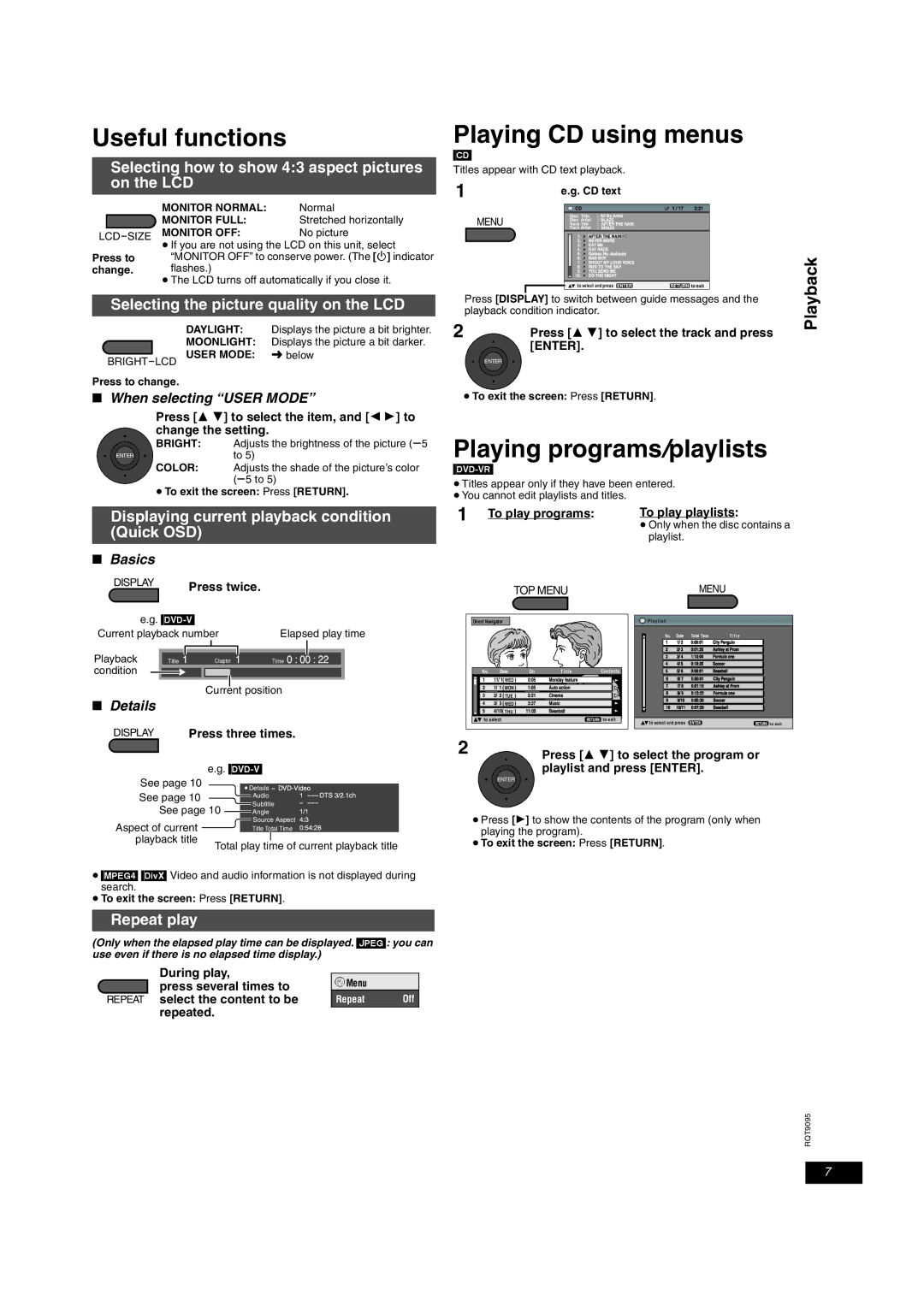 Panasonic DVD-LS83, DVD-LS86 operating instructions Useful functions, Playing CD using menus, Playing programs/playlists 