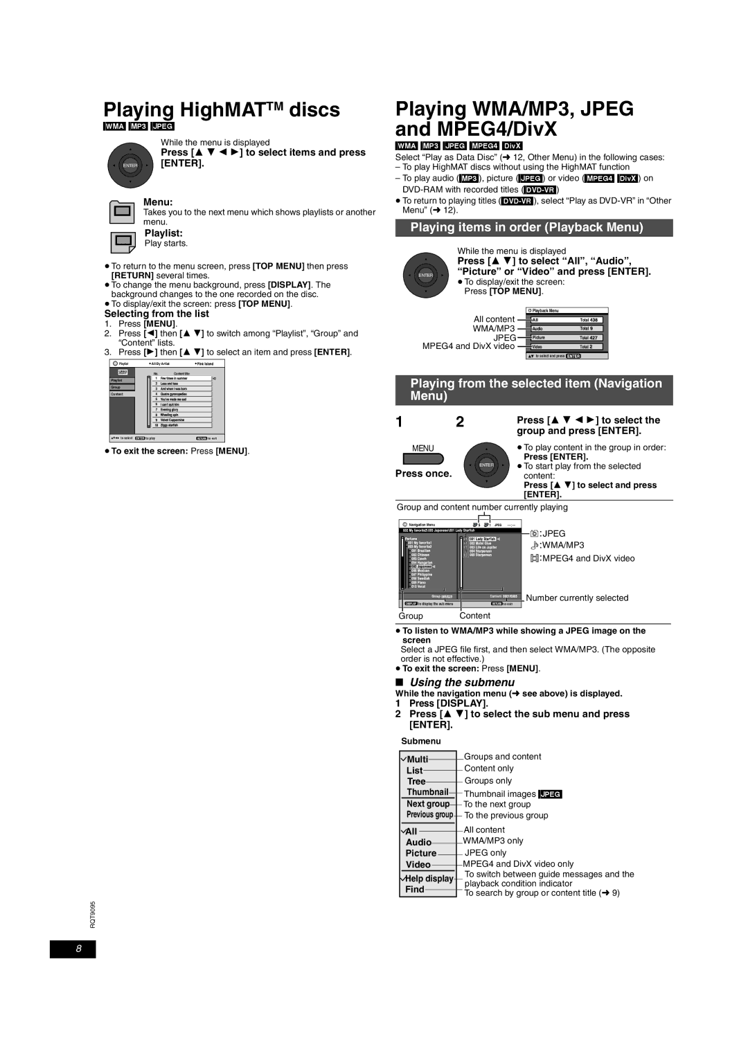 Panasonic DVD-LS86 Playing HighMATTM discs, Playing WMA/MP3, Jpeg and MPEG4/DivX, Playing items in order Playback Menu 