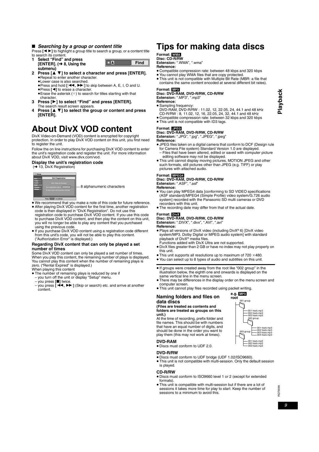 Panasonic DVD-LS83, DVD-LS86 About DivX VOD content, Tips for making data discs, Searching by a group or content title 