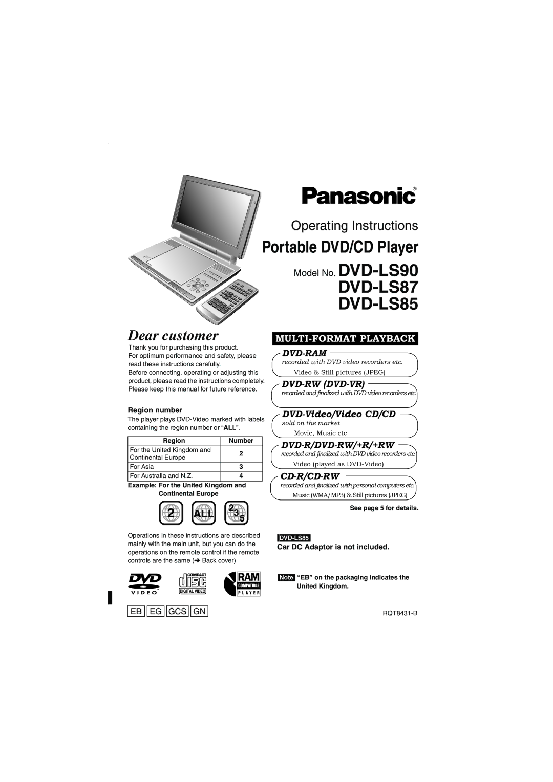 Panasonic DVD-LS87 operating instructions All, Region number, Car DC Adaptor is not included, See page 5 for details 