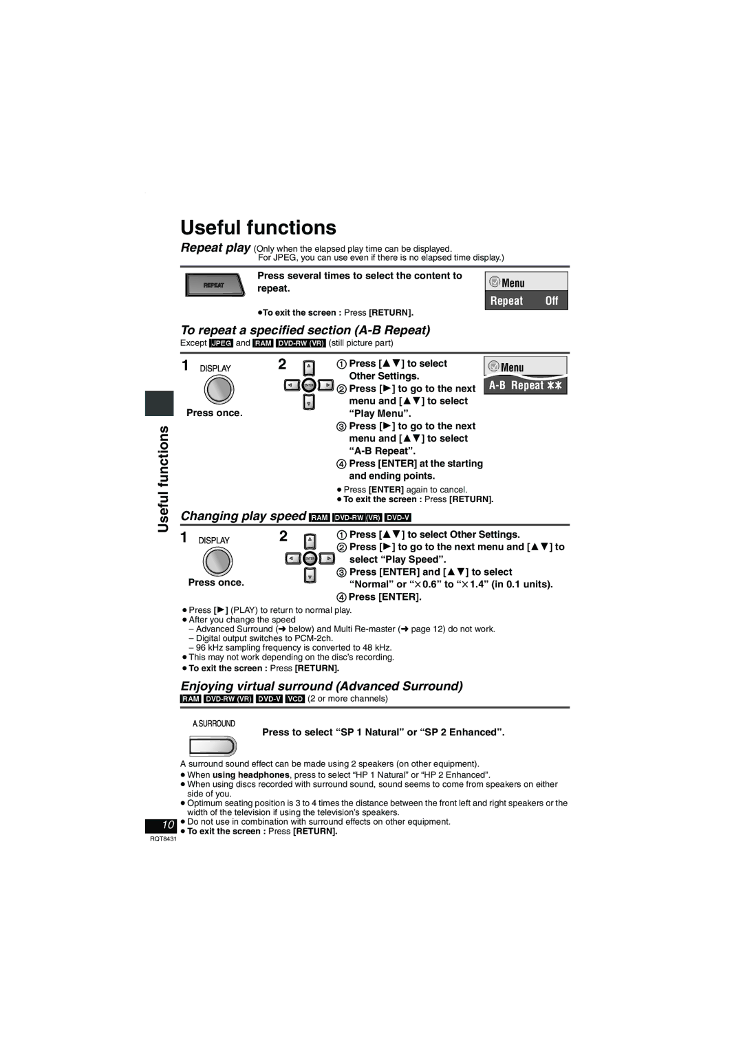 Panasonic DVD-LS87 operating instructions Useful functions, Functions, To repeat a specified section A-B Repeat 