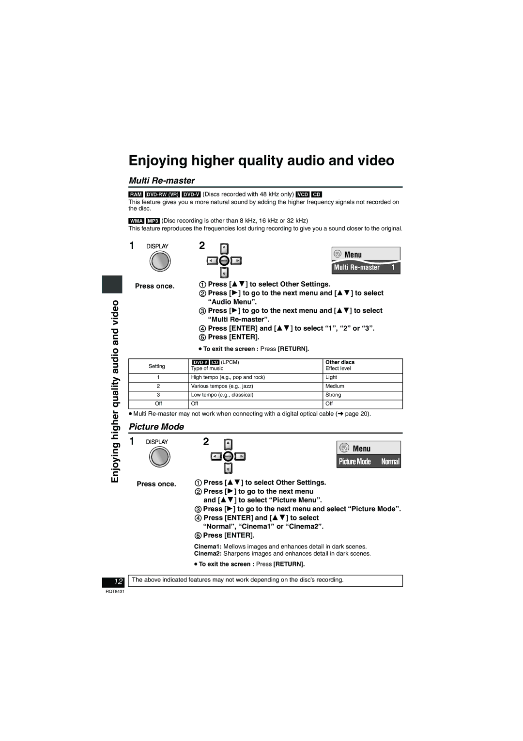 Panasonic DVD-LS87 operating instructions Enjoying higher quality audio and video, Multi Re-master, Picture Mode 