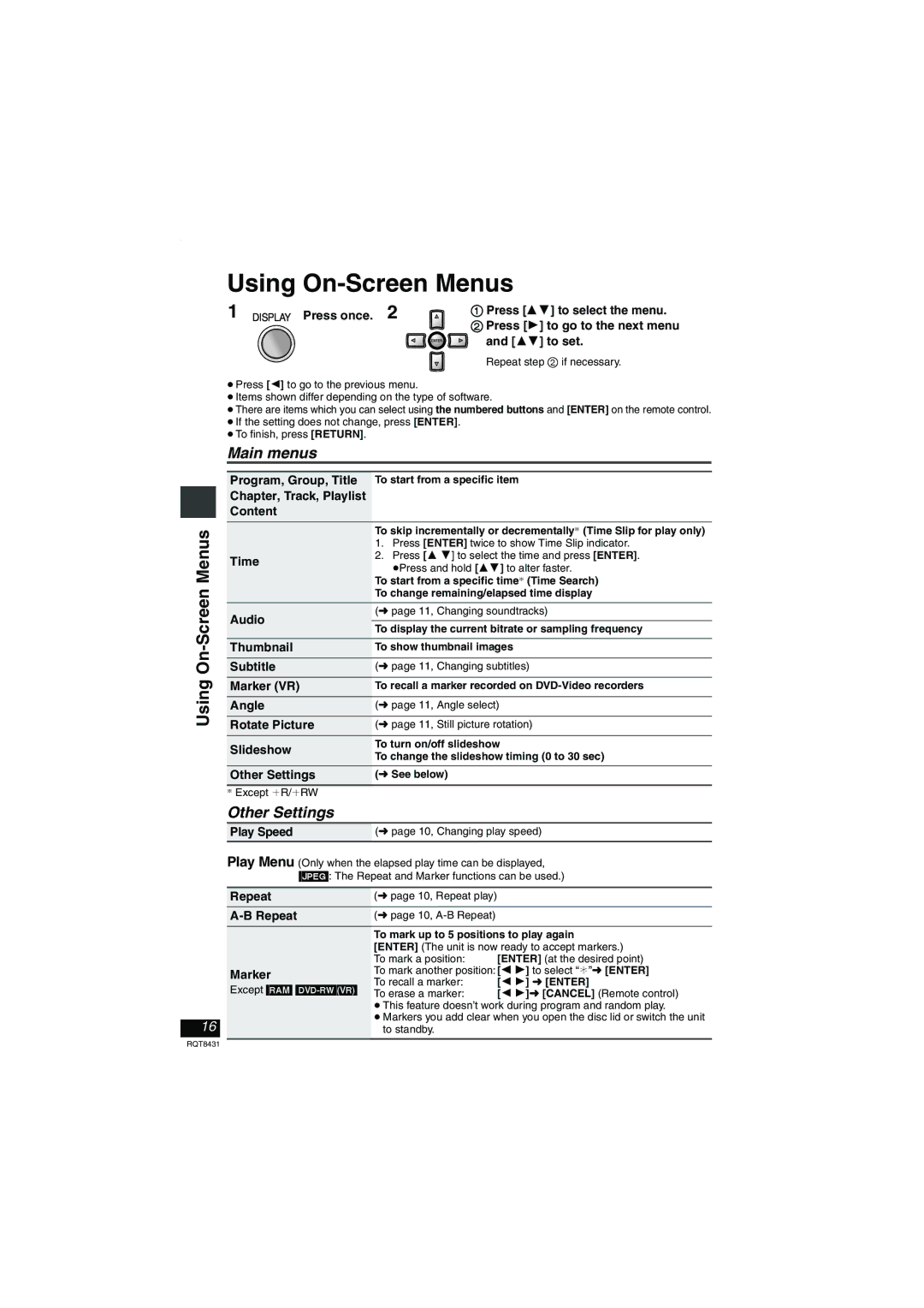 Panasonic DVD-LS87 operating instructions Using On-Screen Menus, Main menus, Other Settings 