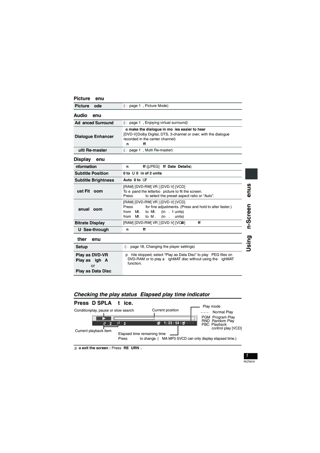 Panasonic DVD-LS87 operating instructions Checking the play status Elapsed play time indicator, Press Display twice 