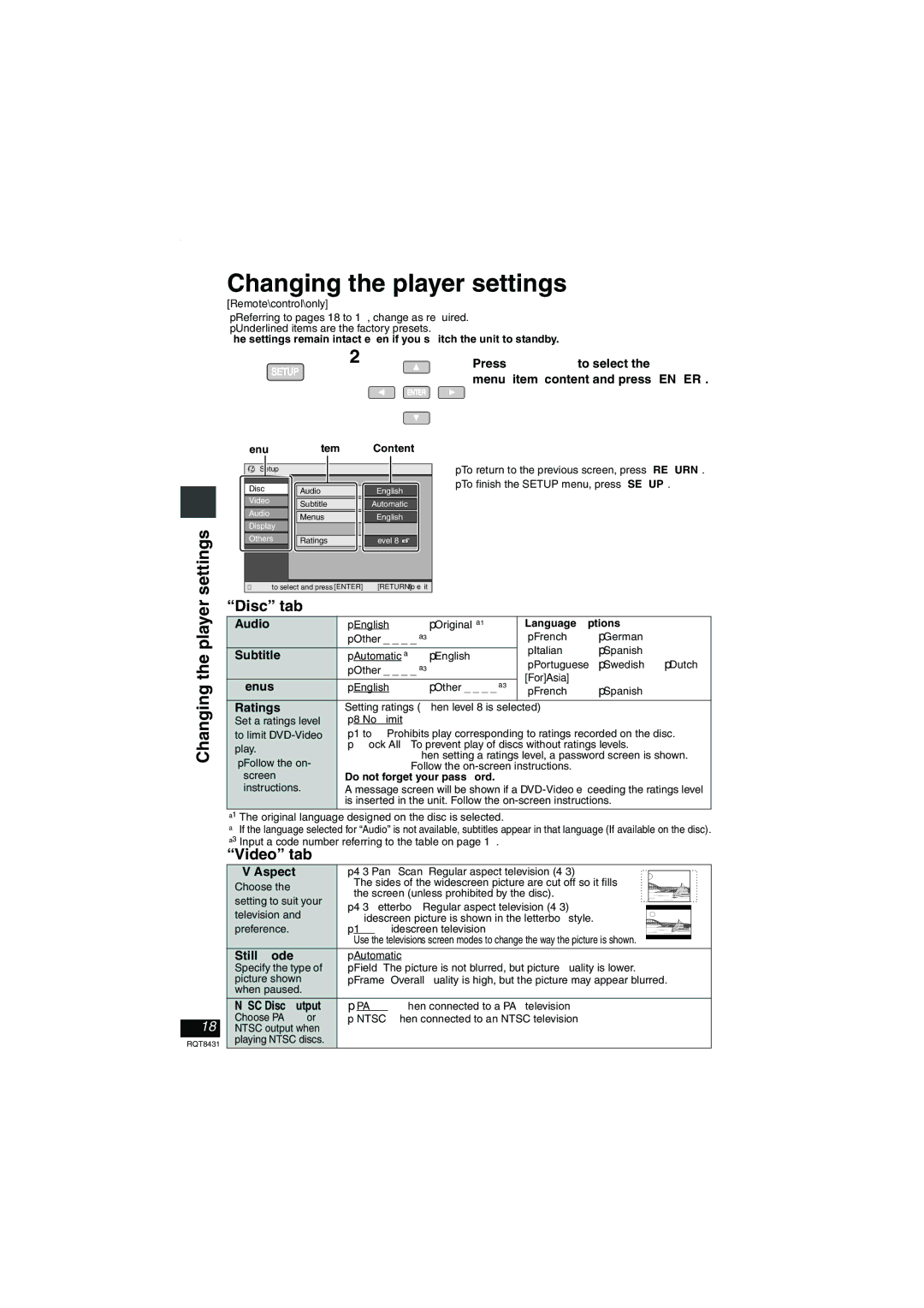 Panasonic DVD-LS87 operating instructions Changing the player settings, Settings, Disc tab, Video tab 