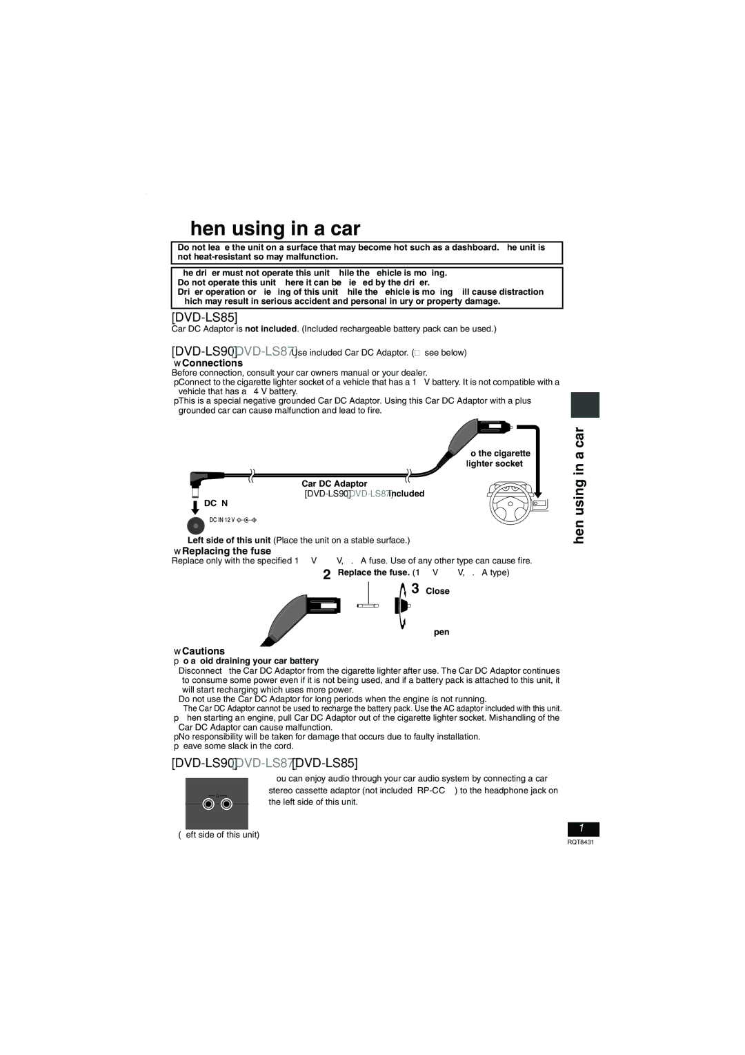 Panasonic DVD-LS87 operating instructions When using in a car, Connections, Replacing the fuse 