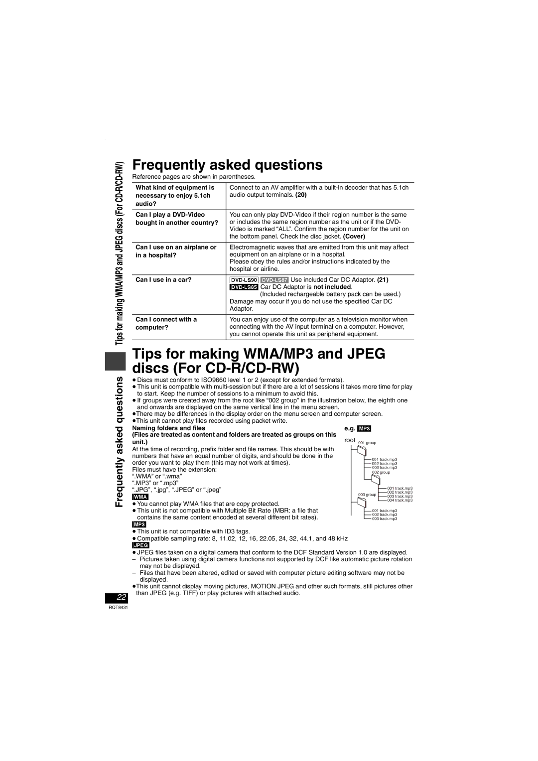 Panasonic DVD-LS87 operating instructions Frequently asked questions, Tips for making WMA/MP3 and Jpeg discs For CD-R/CD-RW 