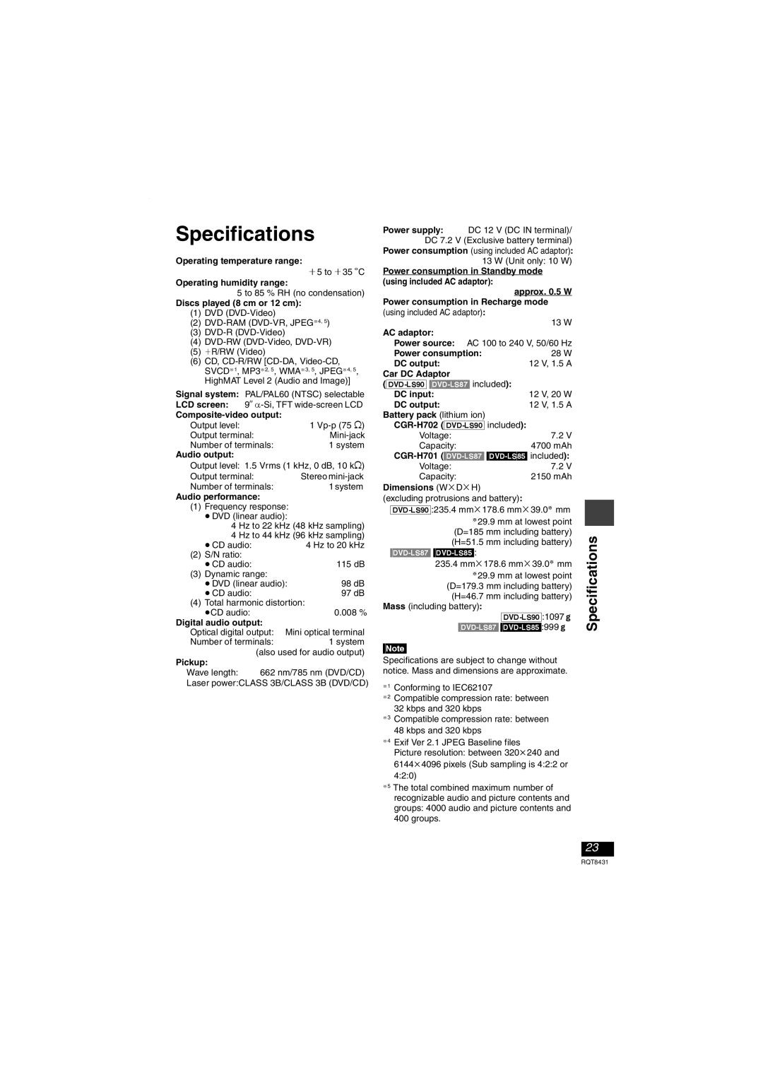 Panasonic DVD-LS87 operating instructions Specifications 