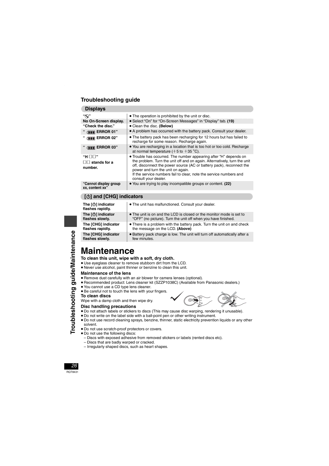 Panasonic DVD-LS87 operating instructions Displays, CHG indicators, Troubleshooting guide/Maintenance 