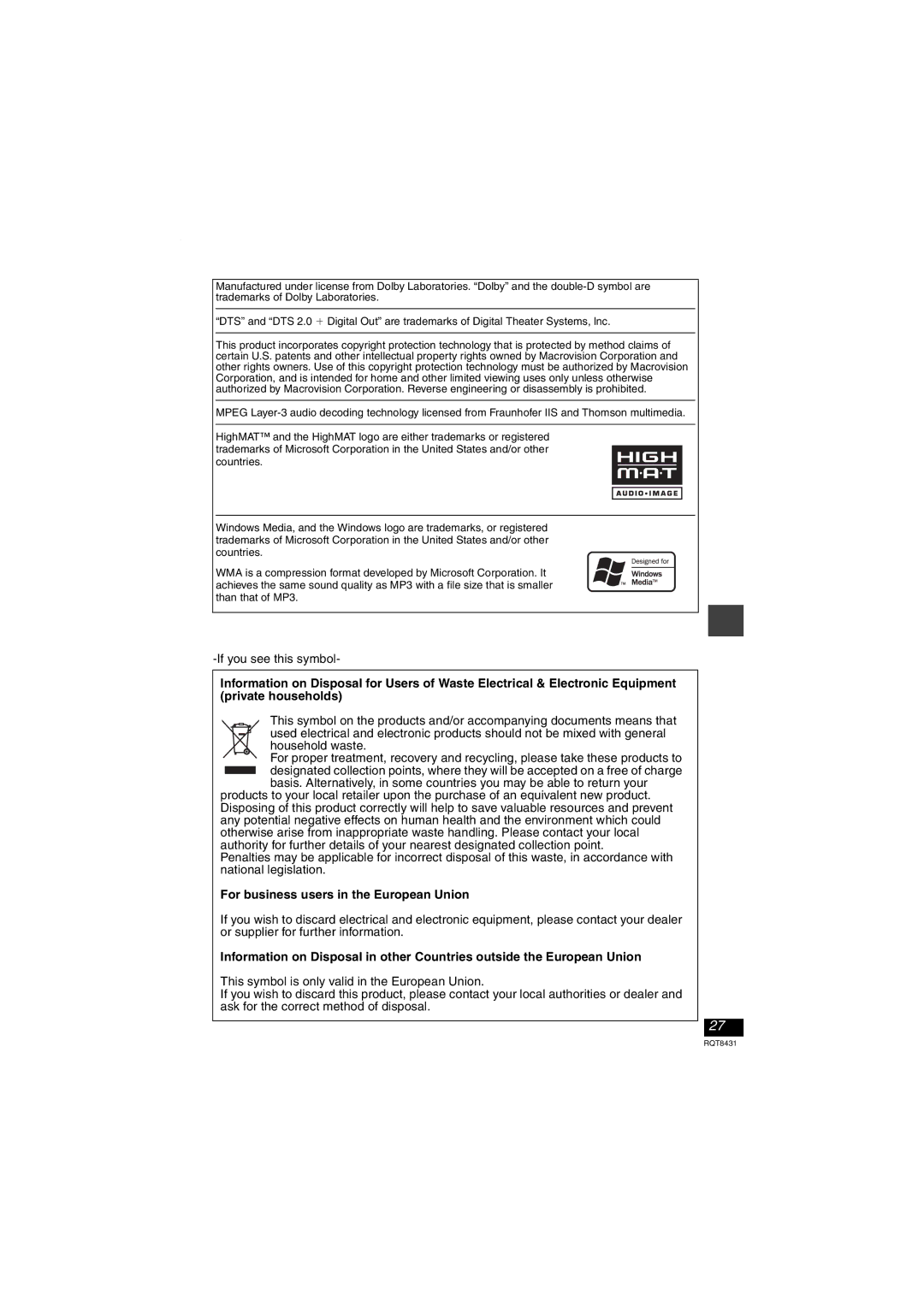 Panasonic DVD-LS87 operating instructions For business users in the European Union 