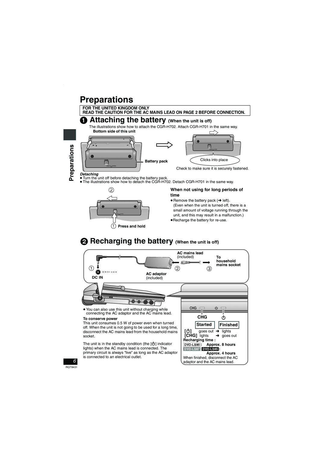 Panasonic DVD-LS87 operating instructions Preparations, When not using for long periods of time, Started, CHG lights 