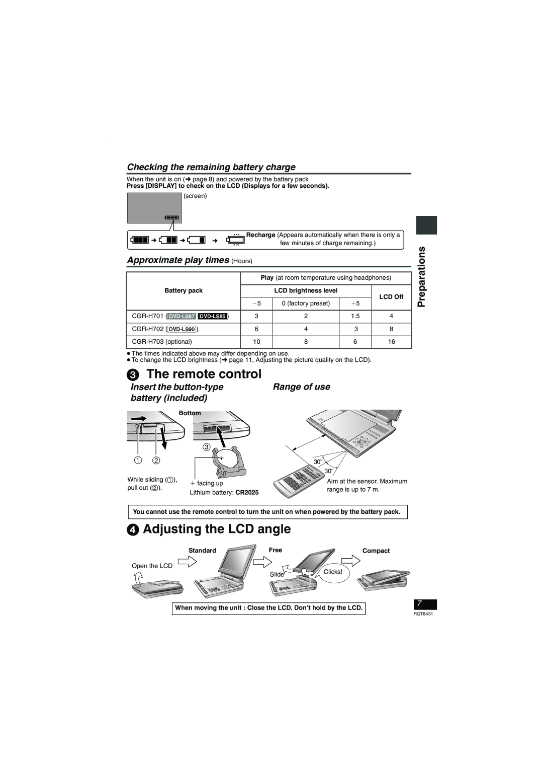 Panasonic DVD-LS87 operating instructions Checking the remaining battery charge, Approximate play times Hours 