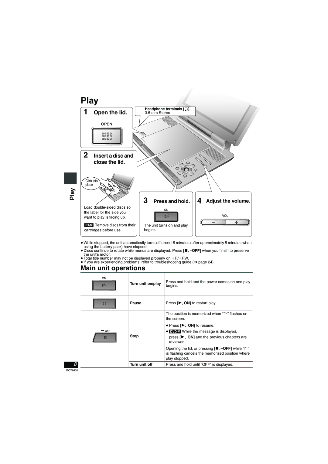 Panasonic DVD-LS87 Play, Open the lid, Insert a disc and close the lid, Press and hold Adjust the volume 