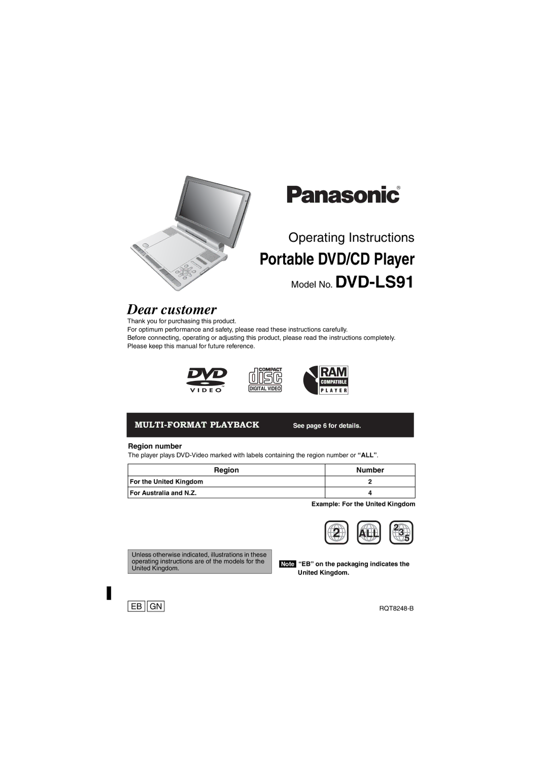 Panasonic DVD-LS91 manual Region number, For the United Kingdom For Australia and N.Z, RQT8248-B 