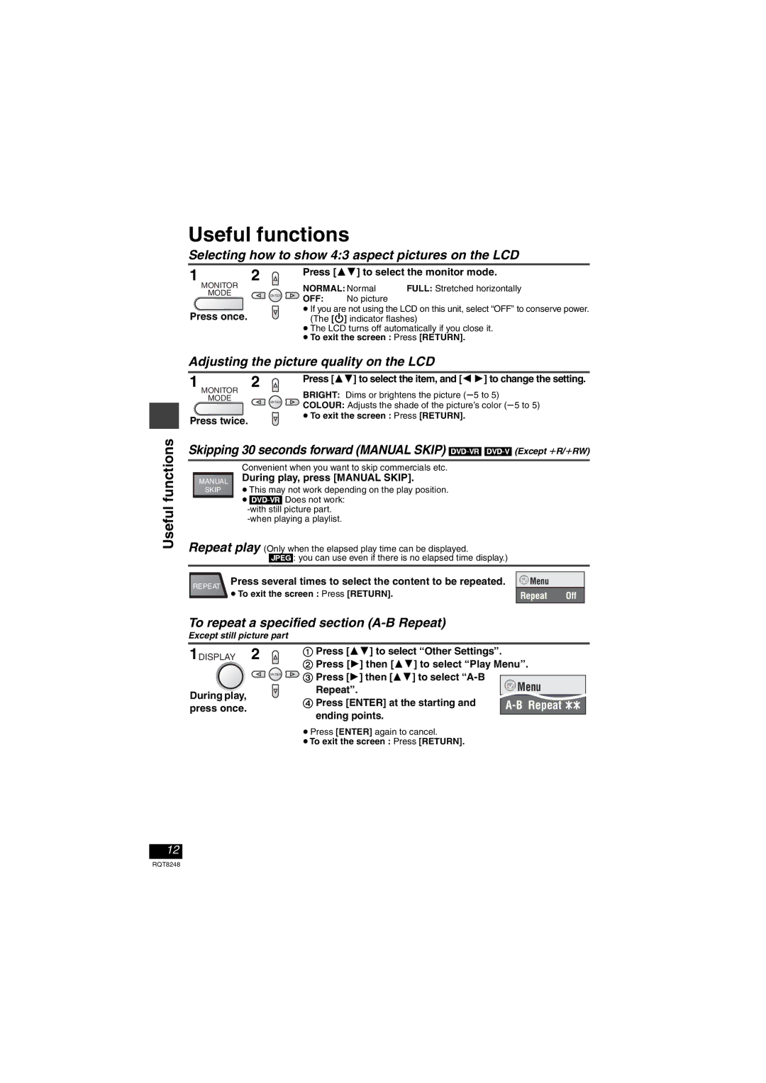 Panasonic DVD-LS91 manual Useful functions, Selecting how to show 43 aspect pictures on the LCD 