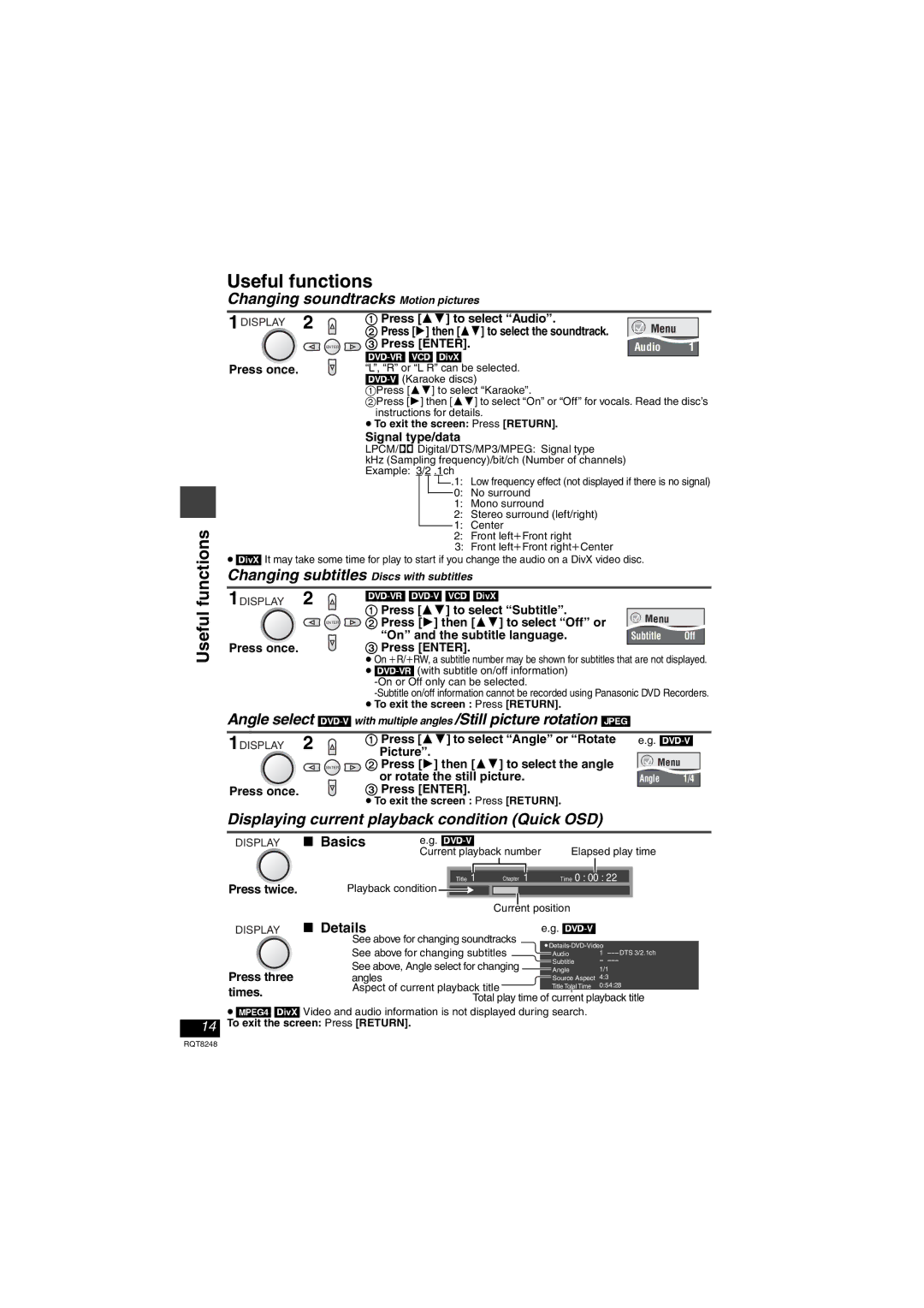 Panasonic DVD-LS91 manual Changing soundtracks Motion pictures, Displaying current playback condition Quick OSD, Basics 