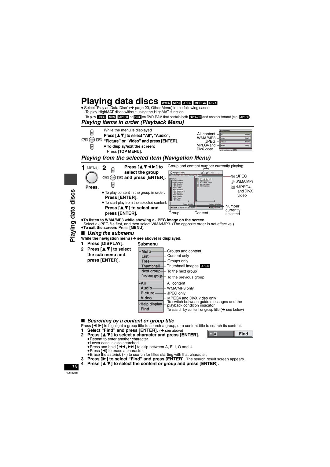 Panasonic DVD-LS91 Playing data discs, Playing items in order Playback Menu, Press Display Submenu Press 34 to select 