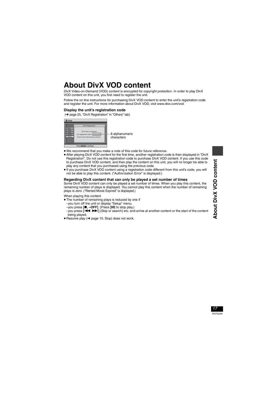 Panasonic DVD-LS91 manual About DivX VOD content, Display the unit’s registration code, 25, DivX Registration in Others tab 