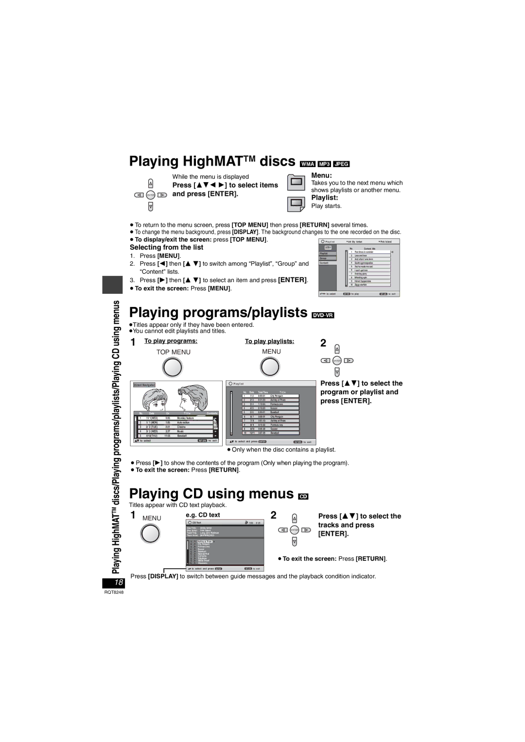 Panasonic DVD-LS91 manual Playing HighMATTM discs, Playing programs/playlists DVD-VR, Playing CD using menus CD 