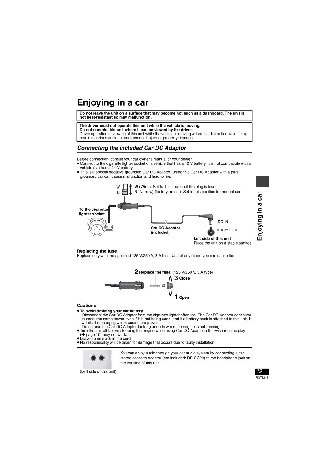 Panasonic DVD-LS91 manual Enjoying in a car, Connecting the included Car DC Adaptor, Replacing the fuse 