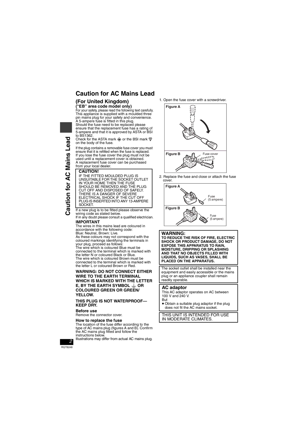 Panasonic DVD-LS91 manual AC adaptor, EB area code model only, This Plug is not WATERPROOF- Keep DRY, Before use 