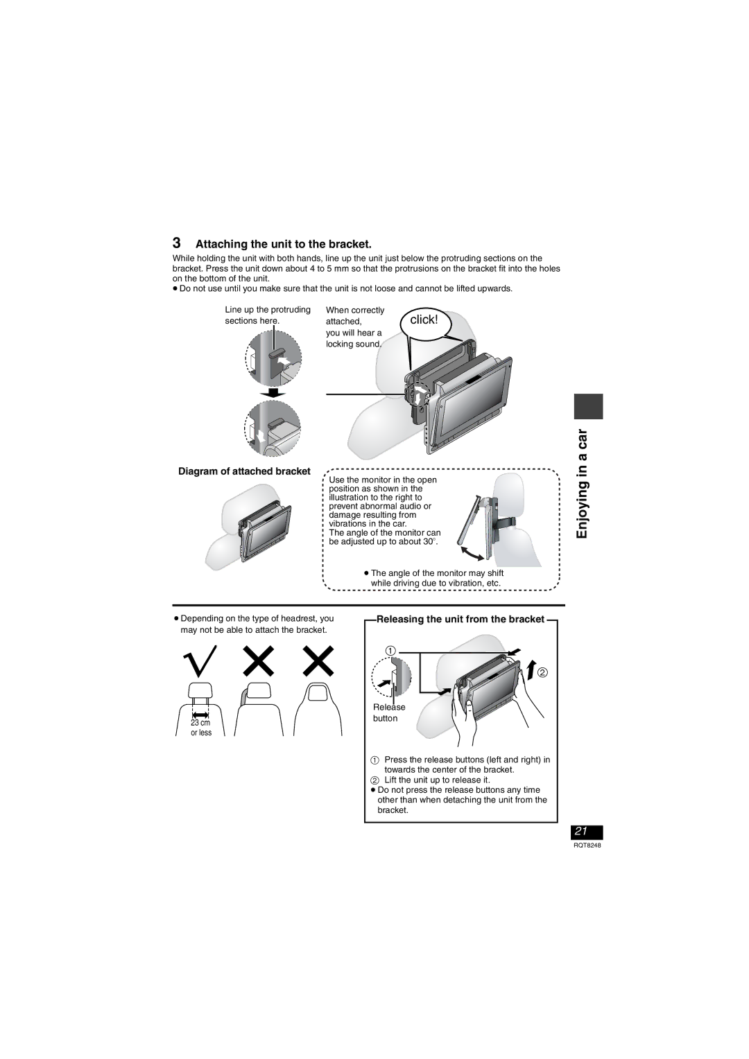 Panasonic DVD-LS91 Attaching the unit to the bracket, Diagram of attached bracket, Releasing the unit from the bracket 