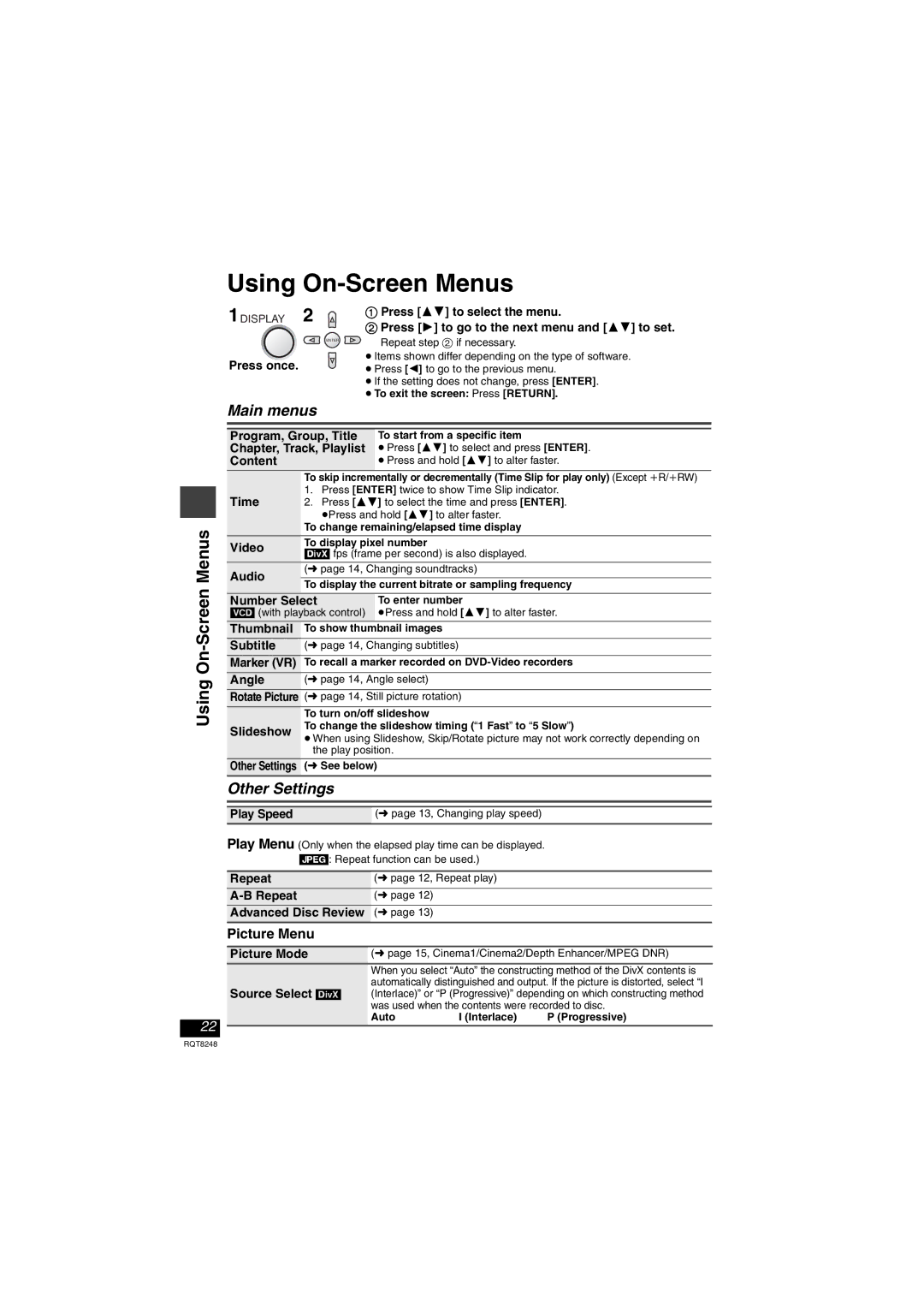 Panasonic DVD-LS91 manual Using On-Screen Menus, Main menus, Other Settings, Picture Menu 