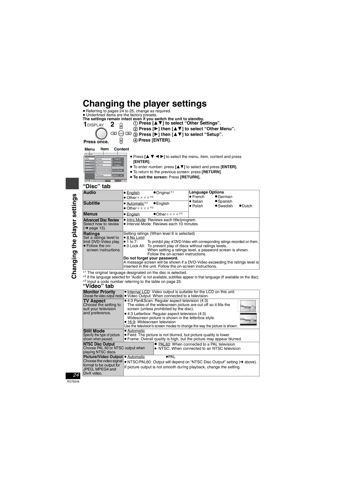 Panasonic DVD-LS91 manual Changing the player settings 