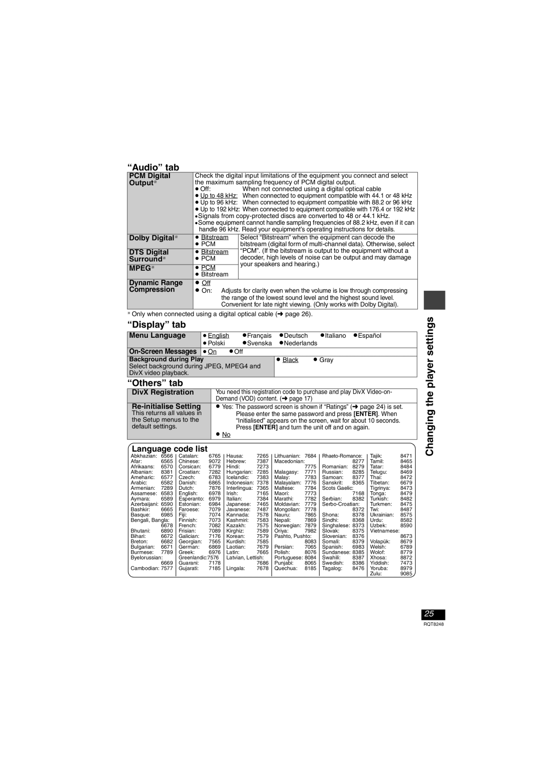 Panasonic DVD-LS91 manual Changing the player settings, Language code list, Mpeg§ 