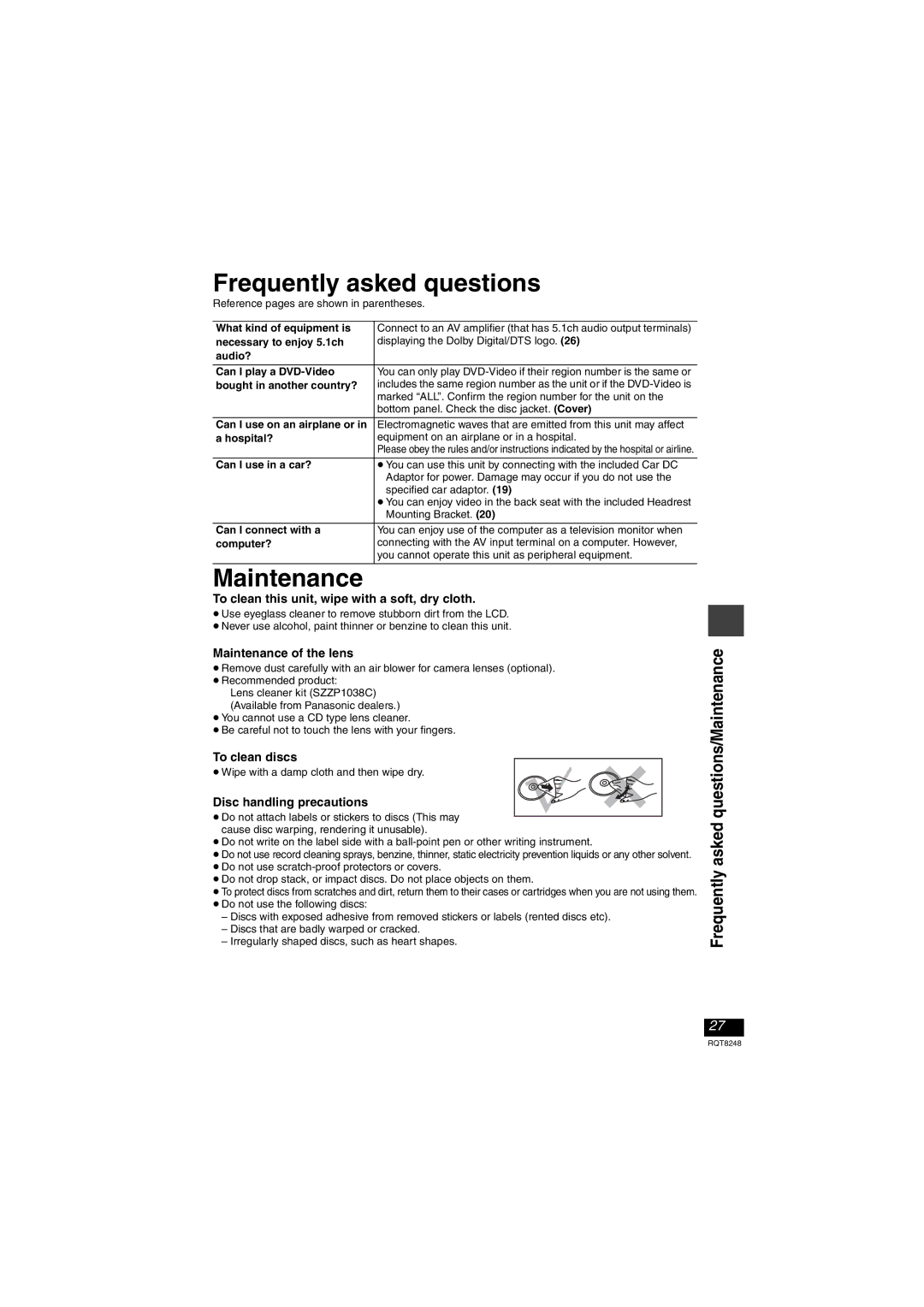 Panasonic DVD-LS91 manual Frequently asked questions, Maintenance 