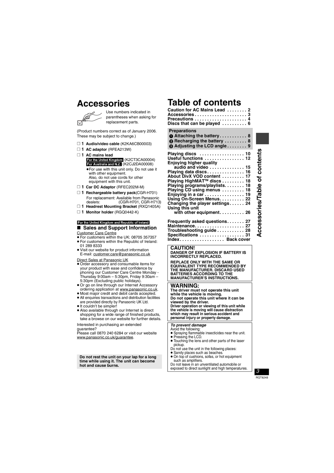 Panasonic DVD-LS91 manual Accessories, Table of contents 