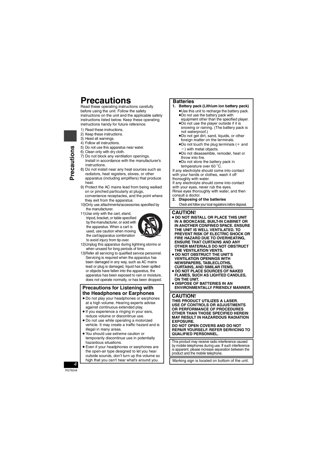 Panasonic DVD-LS91 manual Precautions, Batteries, Disposing of the batteries 