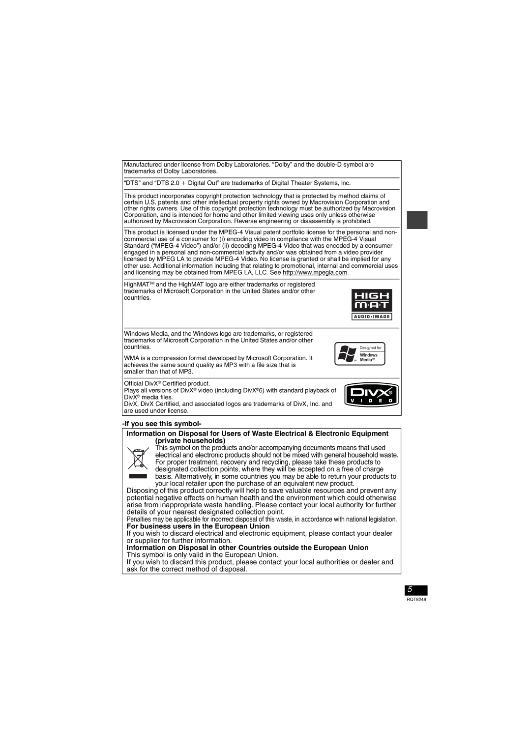 Panasonic DVD-LS91 manual For business users in the European Union 