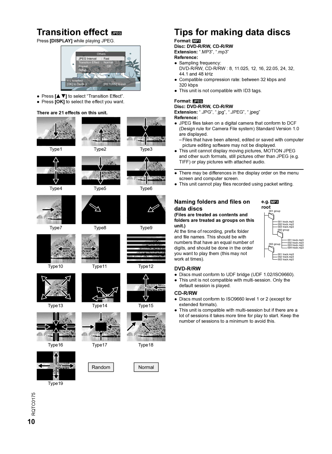 Panasonic DVD-LS92 owner manual Transition effect Jpeg, Tips for making data discs, Naming folders and files on data discs 