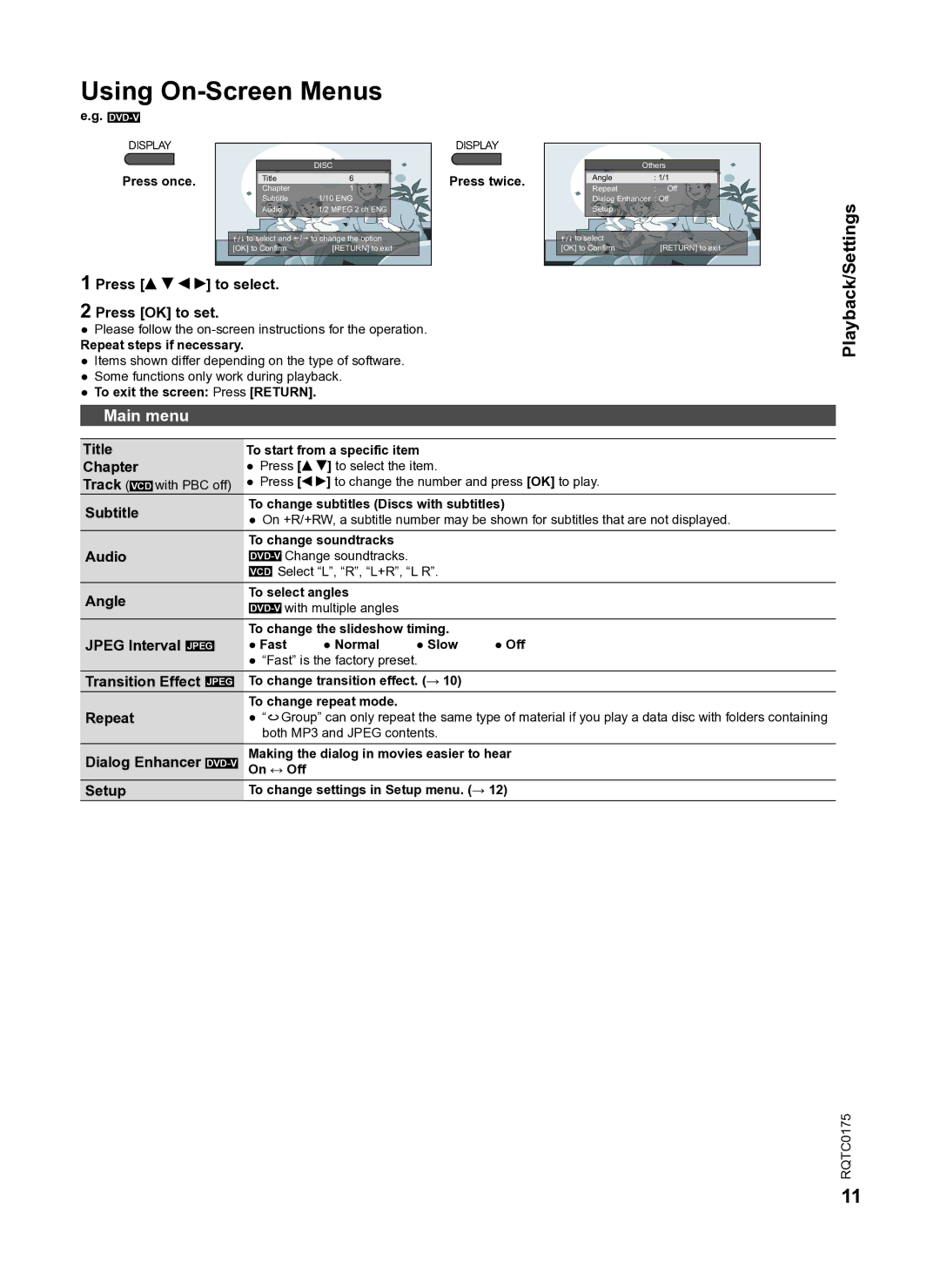 Panasonic DVD-LS92 owner manual Using On-Screen Menus, Playback/Settings, Main menu 