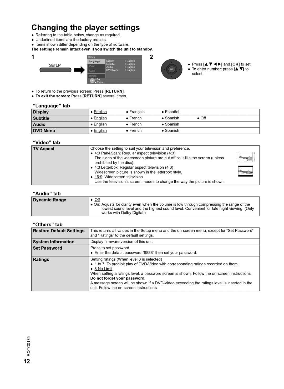 Panasonic DVD-LS92 owner manual Changing the player settings, Language tab, Video tab, Audio tab, Others tab 