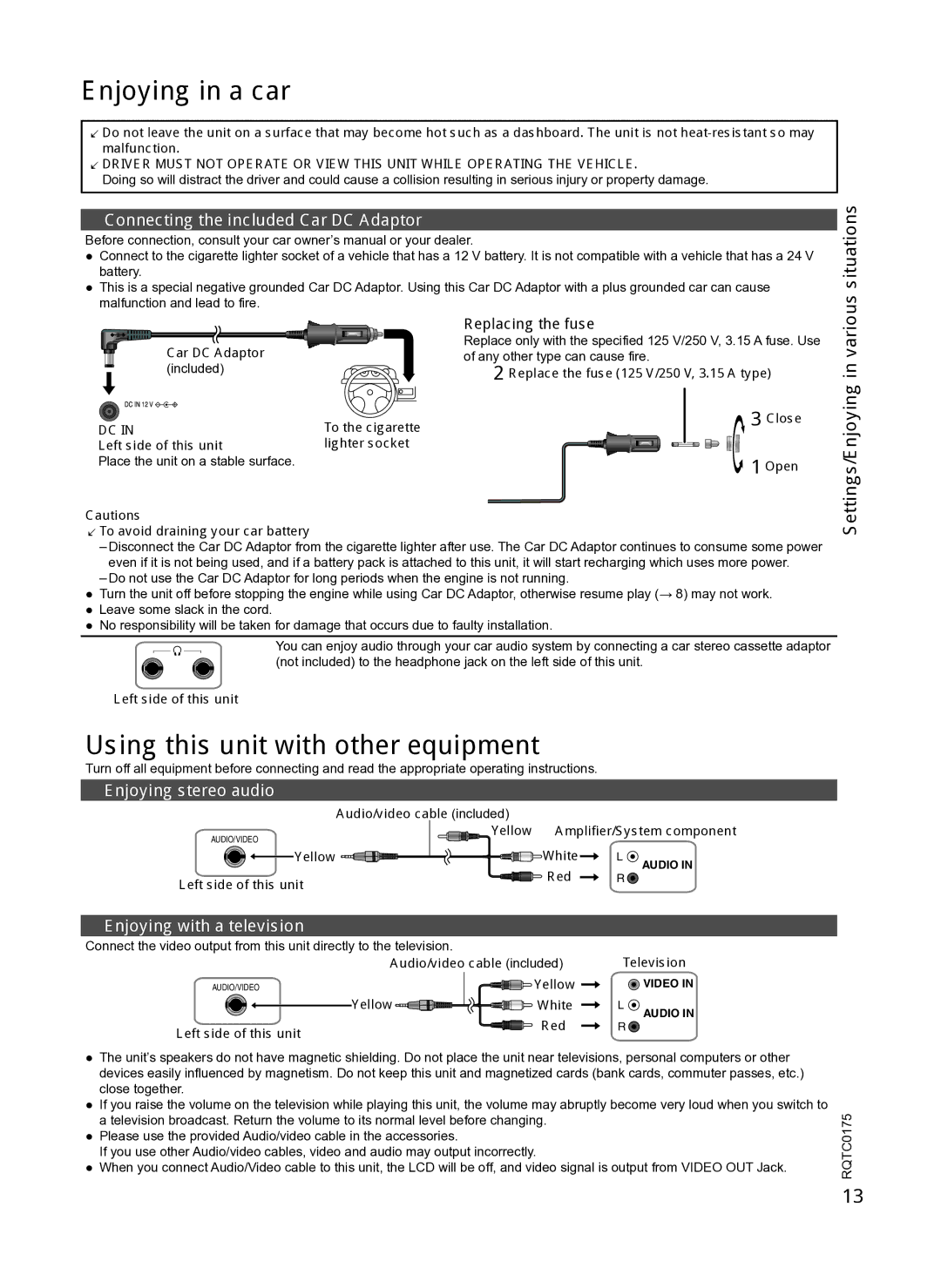 Panasonic DVD-LS92 owner manual Enjoying in a car, Using this unit with other equipment, Situations 