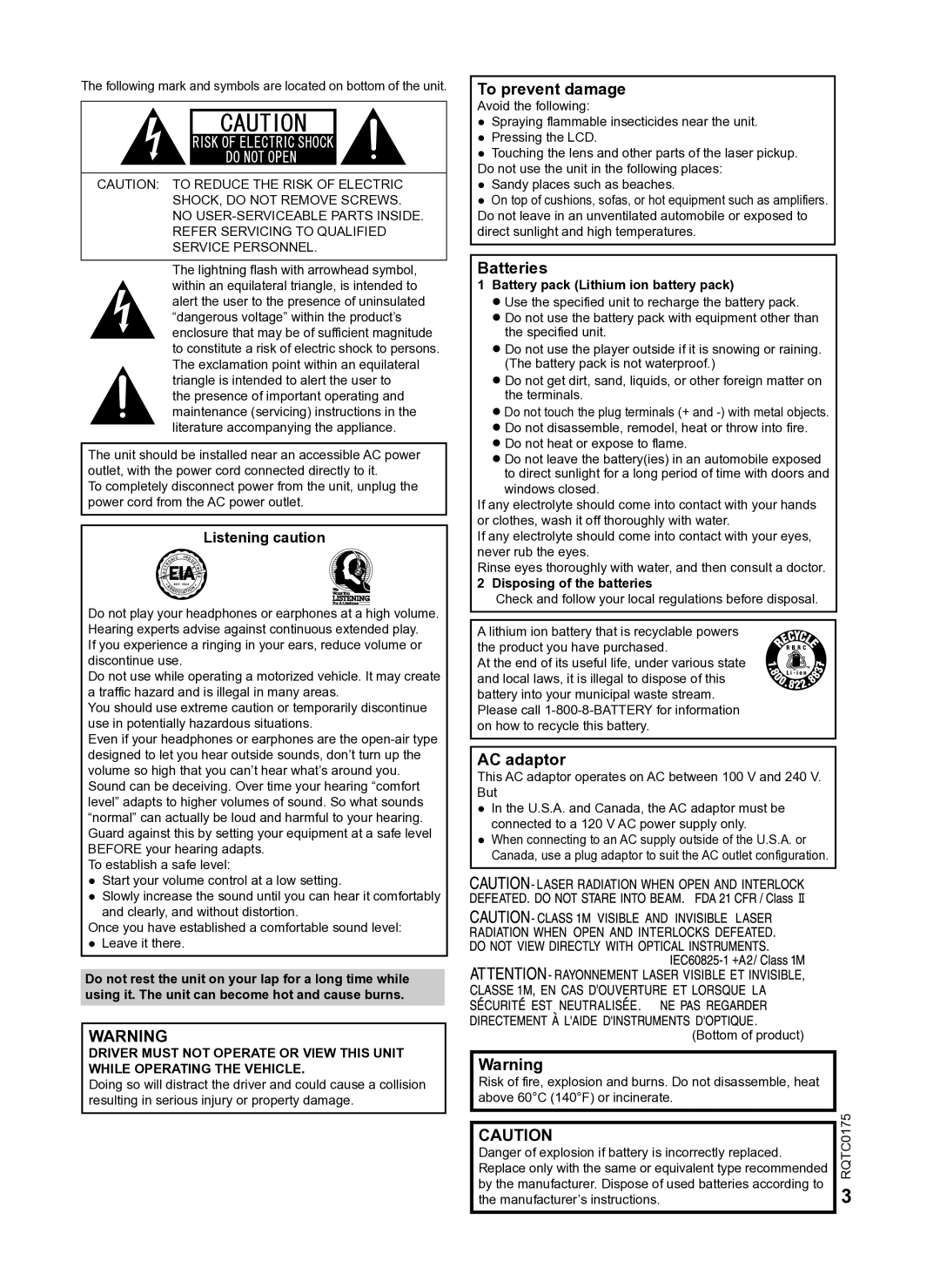 Panasonic DVD-LS92 owner manual To prevent damage, Batteries, AC adaptor, Listening caution 