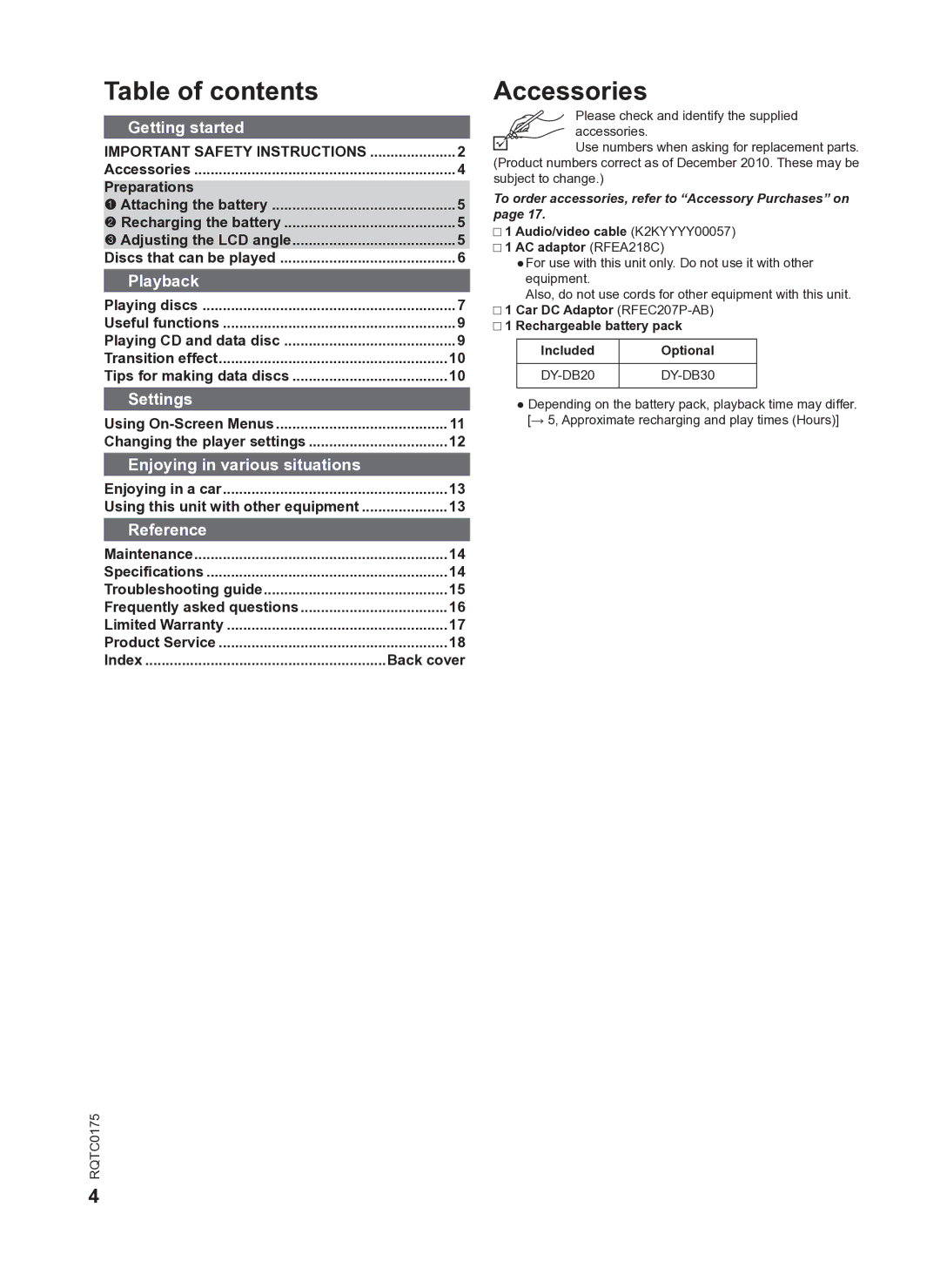 Panasonic DVD-LS92 owner manual Table of contents, Accessories 