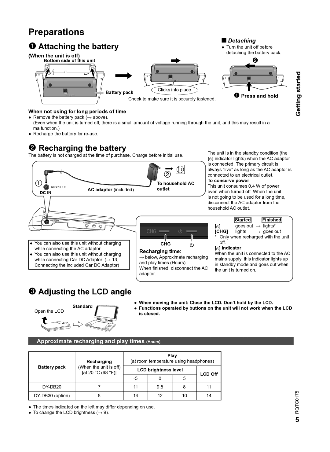 Panasonic DVD-LS92 owner manual Preparations, Getting started, Approximate recharging and play times Hours, Recharging time 