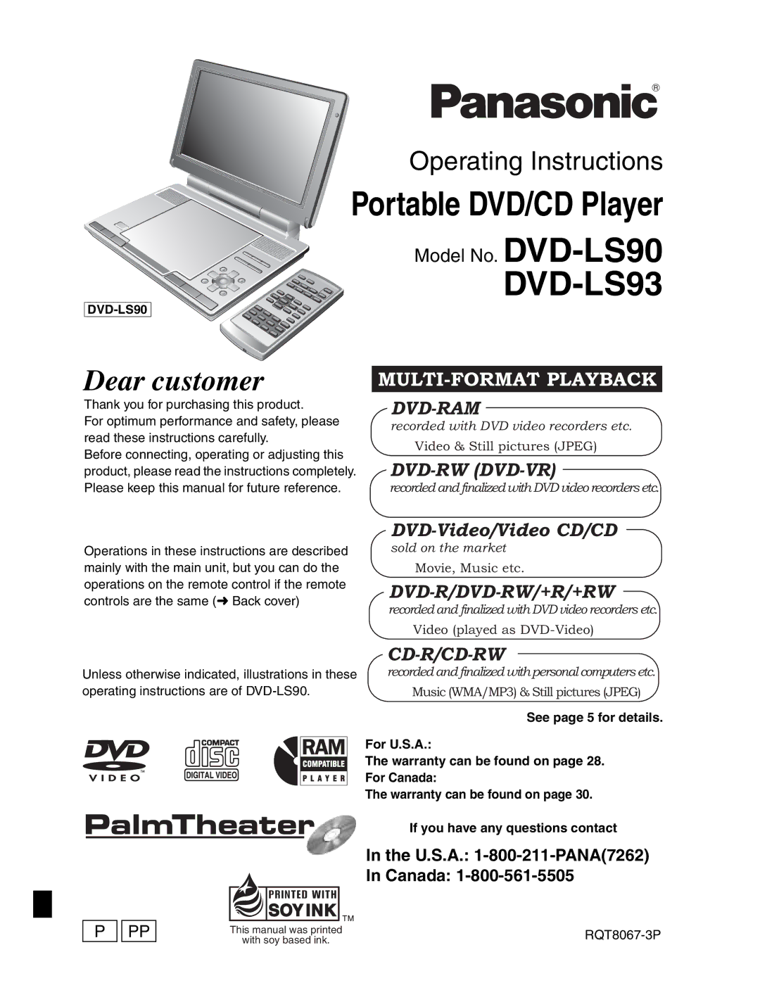 Panasonic DVD-LS90 warranty DVD-LS93, U.S.A -800-211-PANA7262 Canada 