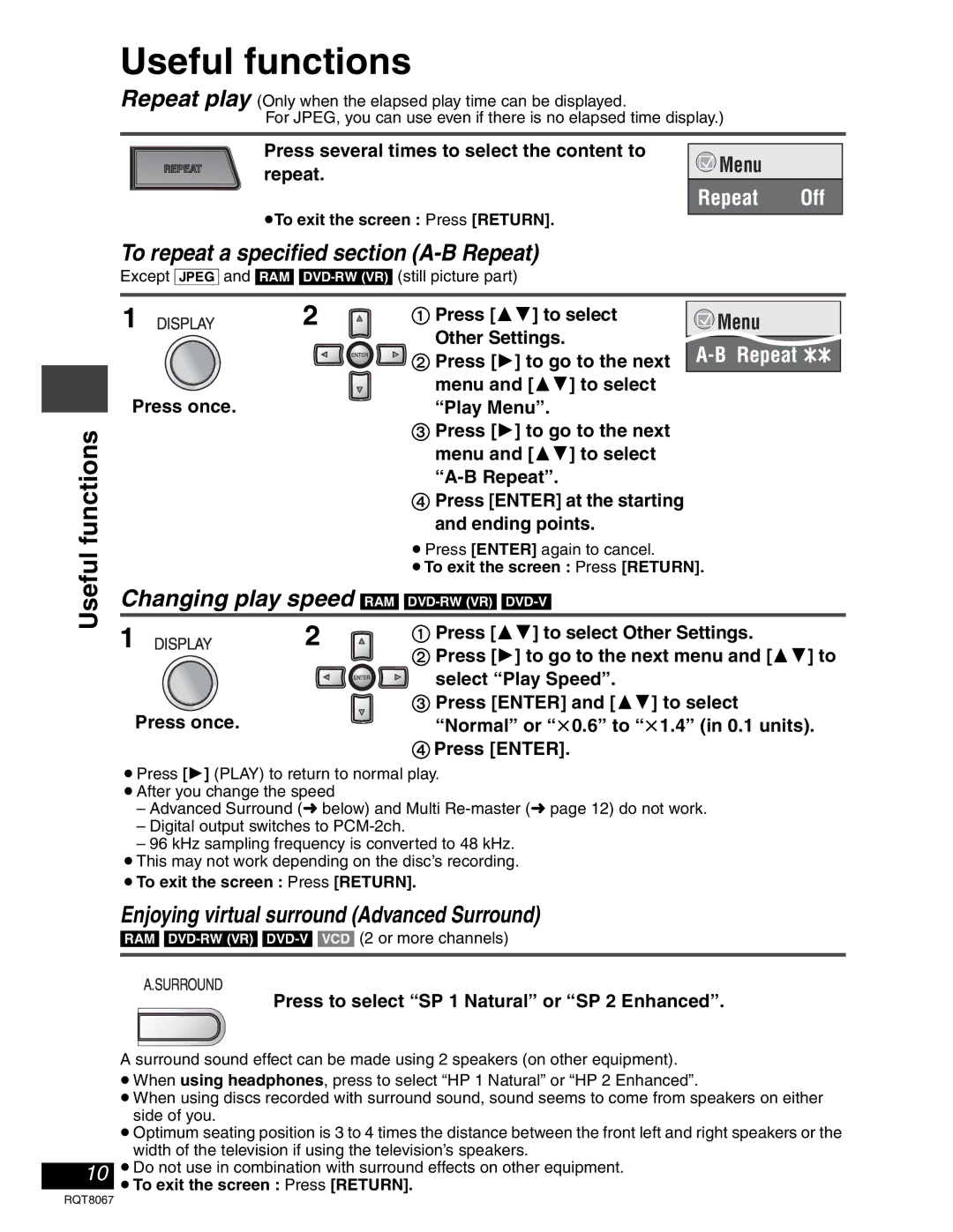 Panasonic DVD-LS93, DVD-LS90 warranty Useful functions, Functions, To repeat a specified section A-B Repeat 