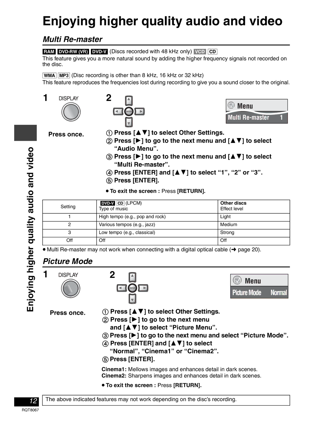 Panasonic DVD-LS93, DVD-LS90 warranty Enjoying higher quality audio and video, Multi Re-master, Picture Mode 